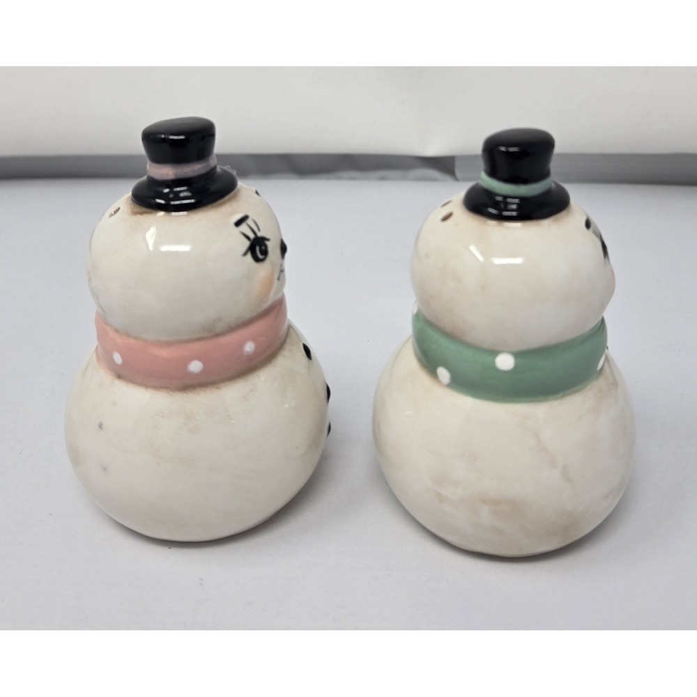 Johanna Parker Snowman Salt & Pepper Shakers set Pastel Pink Mint Green NWOB - Picture 4 of 6